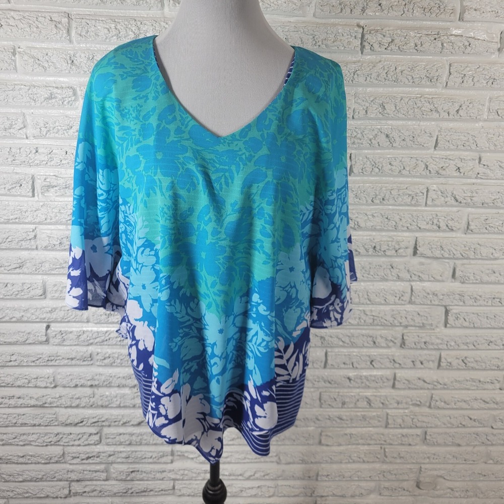 Ruby Rd Women Top XL Kimono Sleeve with Tank Blue Floral Lined Comfy Lightweight